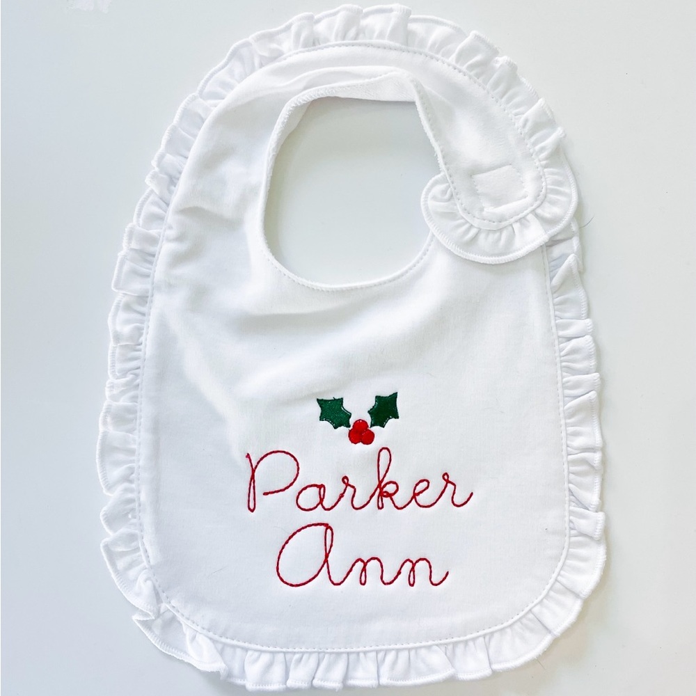White Ruffle Baby Bib Holly Leaves Parker Ann New Boutique Sample